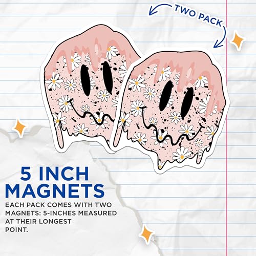 (2 Pack) Cute Flower Covered Smiling Face Magnets Magnets - Pink Melted - Floral Pattern - 5" On Longest Side - Made in USA - Sticks to Refrigerators & Metal Surfaces - MAG9218