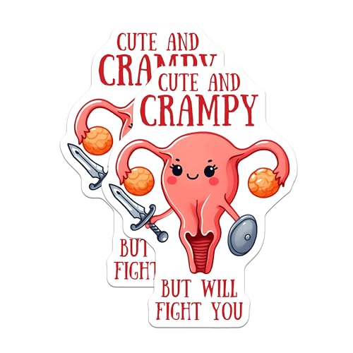 (2 Pack) Cute and Crampy Stickers - Uterus Illustration - Feminist Humor Stickers - 5" On Longest Side - Sticks to Smooth Flat Surfaces - Made in USA - BMCS9673