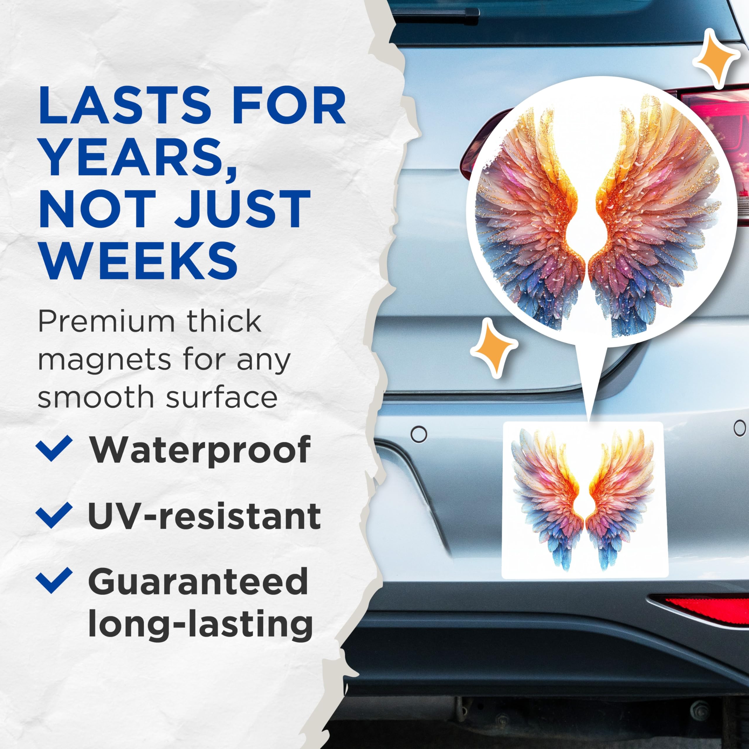 (2 Pack) Angel Wing Magnets - Glitter Feather Decor - Whimsical Refrigerator Art - 5 Inches On Longest Side - Thick Durable Magnet - Made in USA - MAG29276
