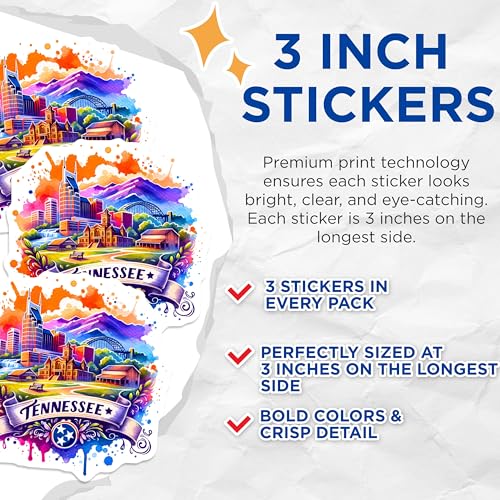 (3 Pack) Tennessee Decals - Nashville Skyline - State Pride Laptop Decal- 3 Inches On Longest Side - Easy Peel & Apply - Made in USA - 3MCS5666