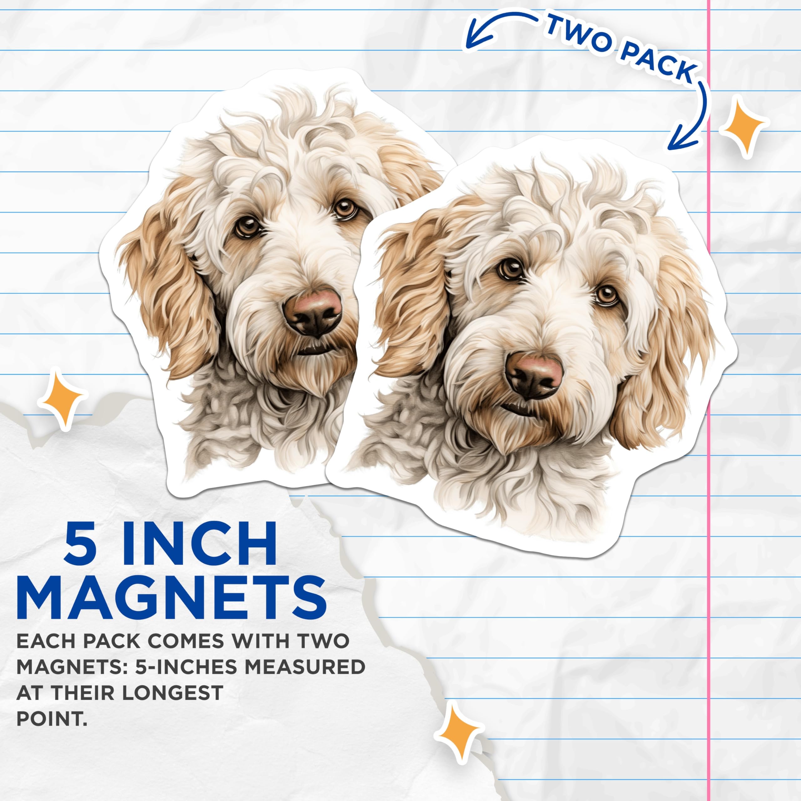 (2 Pack) Goldendoodle Dog Magnets - Pet Lover Refrigerator Decor - Curly Haired Canine Art - Adorable Pooch Illustration - 5 Inches On Longest Side - Thick Durable Magnet - Made in USA - MAG24023