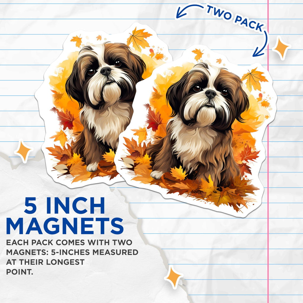 (2 Pack) Shih Tzu Magnets - Fall Dog Decor - Autumn Puppy Refrigerator Locker Accessory for Dog Lovers - 5 Inches On Longest Side - Thick Durable Magnet - Made in USA - MAG27529