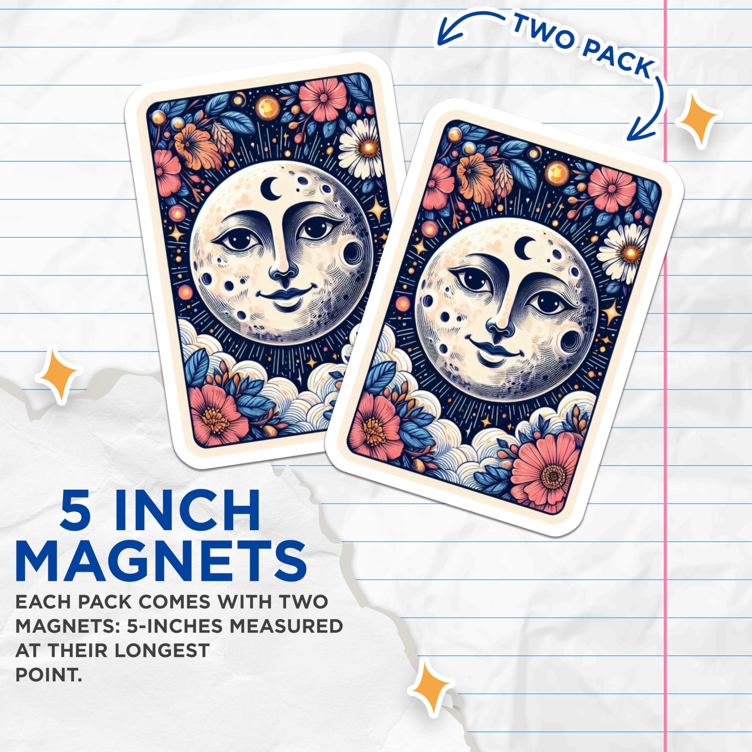(2 Pack) Celestial Moon Face Magnets - Whimsical Floral Cosmic Kitchen Decor - Tarot Card Style Spiritual Lunar Fridge Art - 5 Inches On Longest Side - Thick Durable Magnet - Made in USA - MAG21755