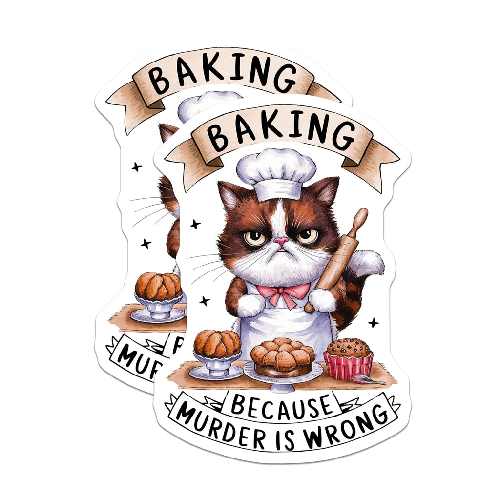 (2 Pack) Baking Cat Stickers - Funny Cat Chef Stickers - Bake Because Murder is Wrong Stickers - 5" On Longest Side - Sticks to Any Smooth Flat Surface - Made in USA - BMCS3452