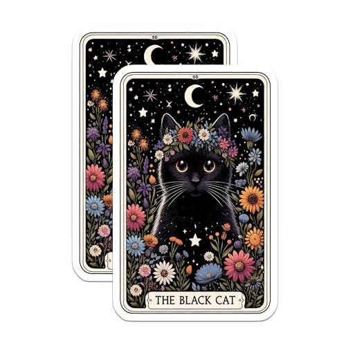 (2 Pack) The Black Cat Stickers - Cute Black Cat Stickers - Floral Cat Art Stickers - 5" On Longest Side - Sticks to Smooth Flat Surfaces - Made in USA - BMCS5356