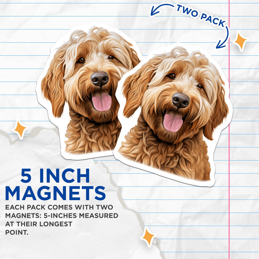 (2 Pack) Goldendoodle Magnets - Happy Doodle Dog Art - Pet Lover Fridge Decor - Dog Mom Aesthetic - 5 Inches On Longest Side - Thick Durable Magnet - Made in USA - MAG29006