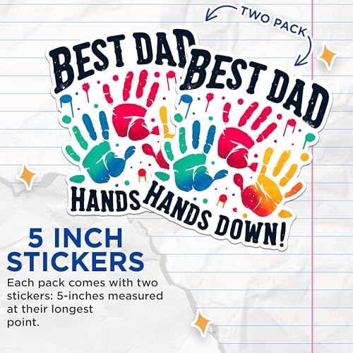 (2 Pack) Best Dad Hands Down Stickers - Dad Appreciation Stickers - Colorful Handprint Stickers - 5" On Longest Side - Sticks to Any Smooth Flat Surface - Made in USA - BMCS2699
