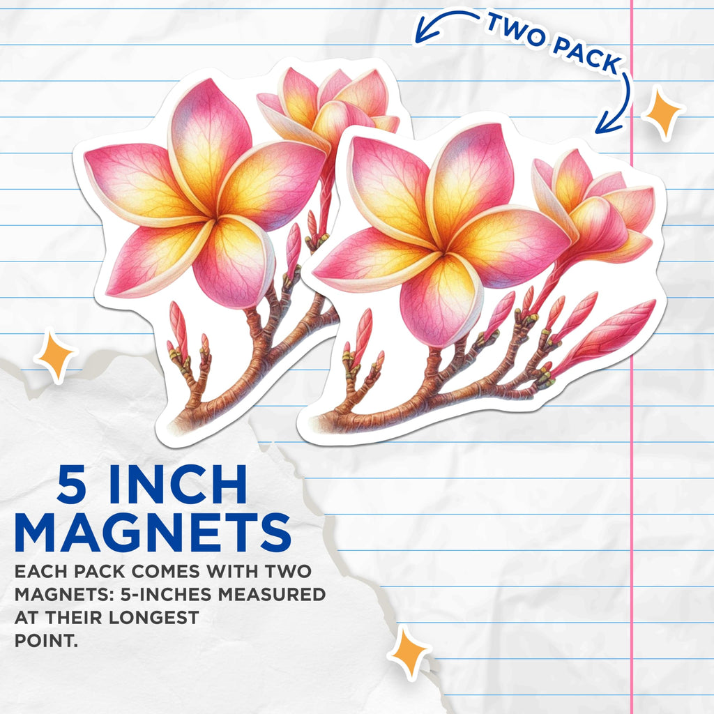 (2 Pack) Plumeria Flowers Magnets - Pink Yellow Tropical Bloom Art - Aesthetic Hawaiian Fridge Magnets - Aloha Flower Decor - 5 Inches On Longest Side - Thick Durable Magnet - Made in USA - MAG22893
