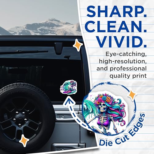(2 Pack) Ride The Wave Stickers - Skeleton Surfer Sticker - Flower Crown Surfer Sticker - 5" On Longest Side - Sticks to Smooth Flat Surfaces - Made in USA - BMCS9606