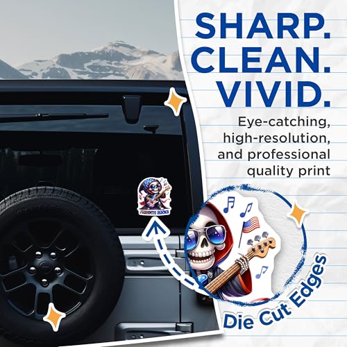 (2 Pack) Freedom Rocks Stickers - Patriotic Skeleton Playing Electric Guitar - USA Flag Theme - 5" On Longest Side - Sticks to Smooth Flat Surfaces - Made in USA - BMCS7918