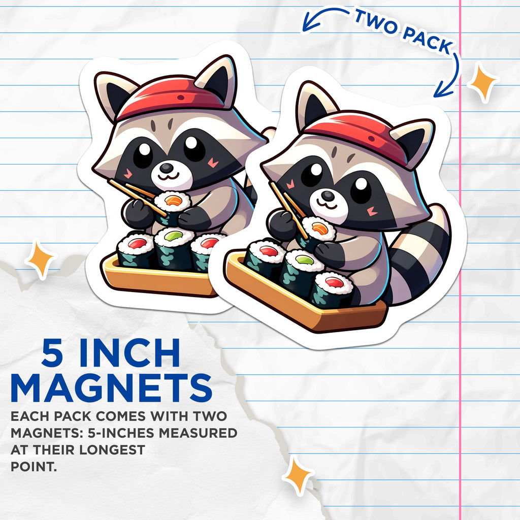 (2 Pack) Cute Raccoon Sushi Magnets - Kawaii Animal Fridge Decor - Japanese Food Lover Kitchen Art - Funny Foodie Locker Decor - 5" - Durable Magnet - Made in USA - MAG38366