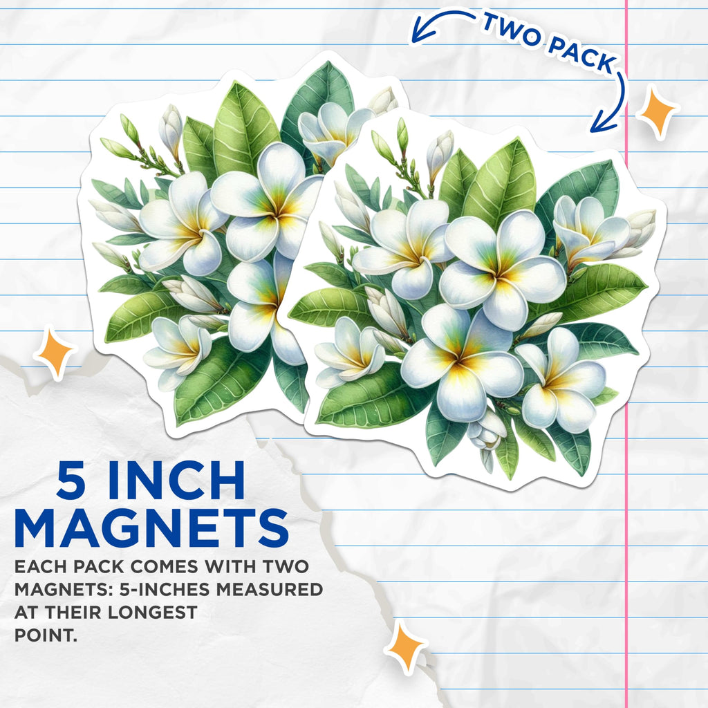 (2 Pack) Plumeria Flower Magnets - Tropical Hawaiian Floral Decor - Elegant Botanical Art - Refrigerator Locker Magnets - 5 Inches On Longest Side - Thick Durable Magnet - Made in USA - MAG23080