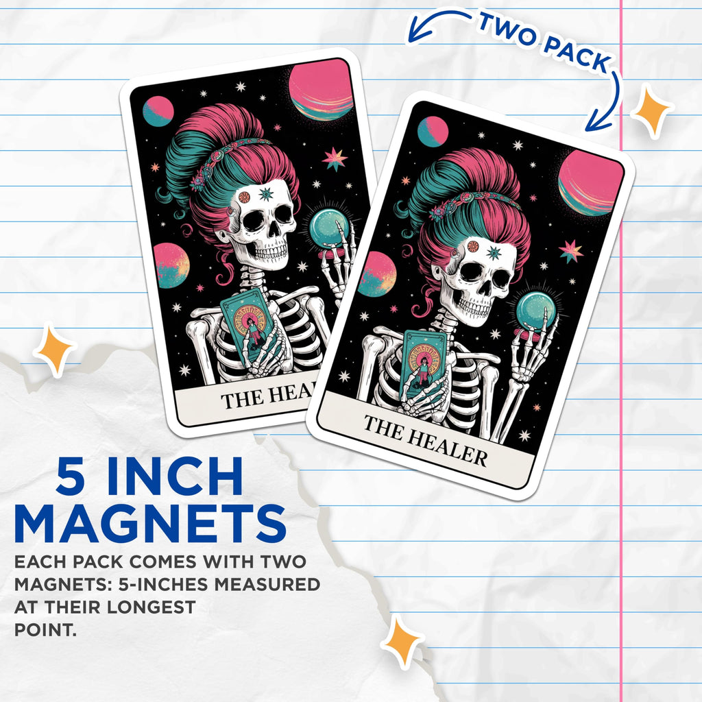 (2 Pack) The Healer Tarot Magnets - Skeleton Fortune Teller - Psychic Celestial Decor - 5 Inches On Longest Side - Thick Durable Magnet - Made in USA - MAG22219