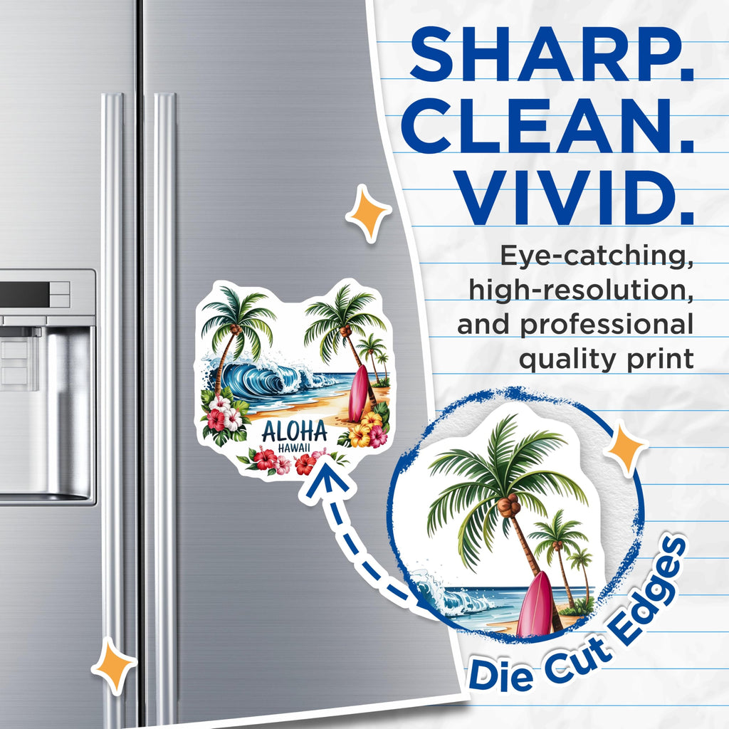 (2 Pack) Aloha Hawaii Magnets - Tropical Beach Ocean Wave Surfboard Palm Tree - Hibiscus Flower Island Scene Decor - 5 Inches On Longest Side - Thick Durable Magnet - Made in USA - MAG19892