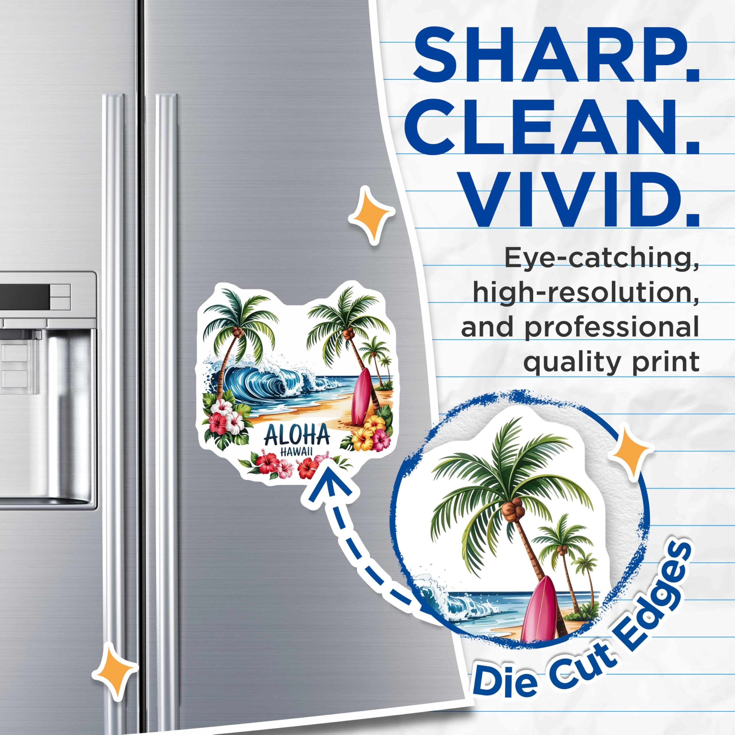 (2 Pack) Aloha Hawaii Magnets - Tropical Beach Ocean Wave Surfboard Palm Tree - Hibiscus Flower Island Scene Decor - 5 Inches On Longest Side - Thick Durable Magnet - Made in USA - MAG19892