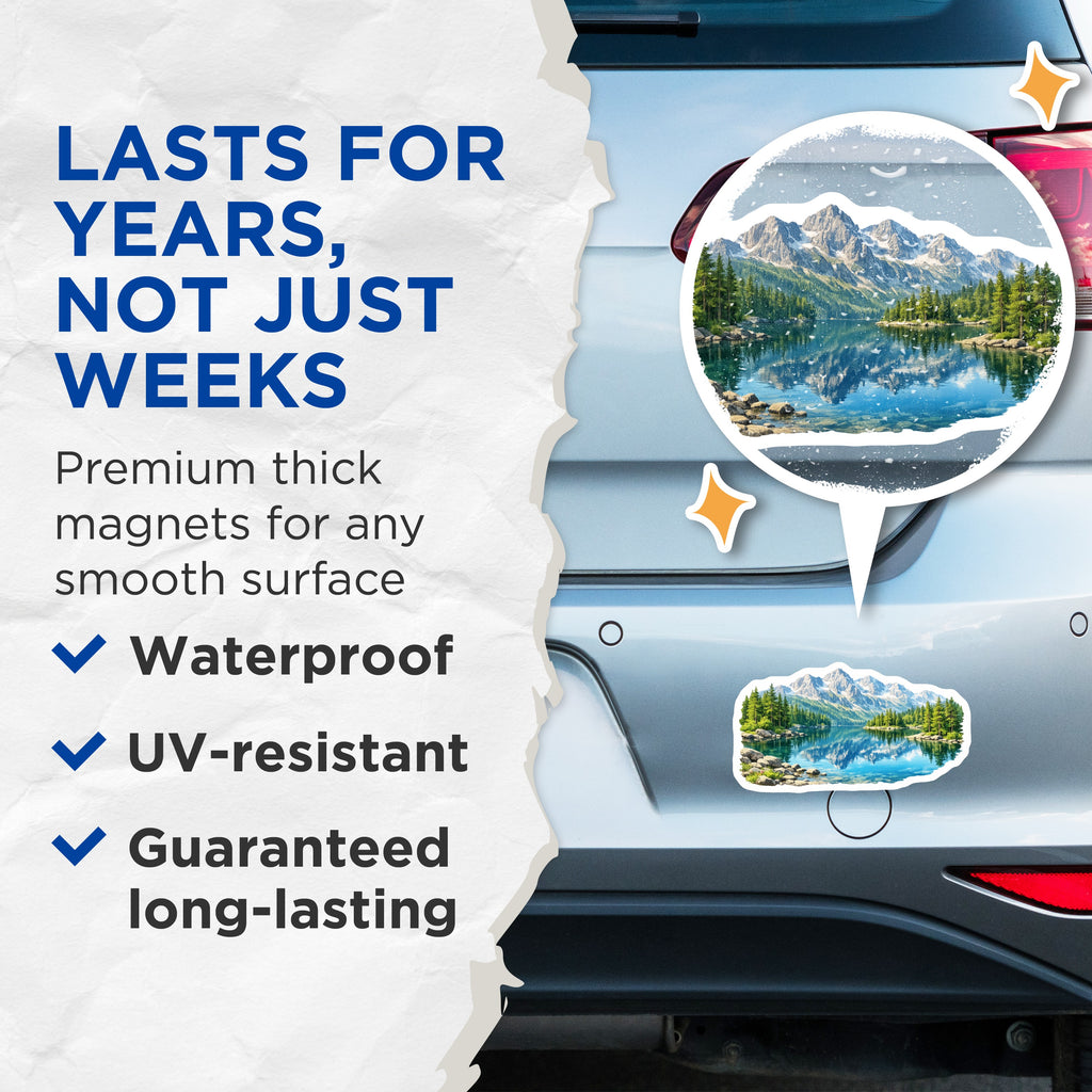 (2 Pack) Mountain Lake Reflection Magnets - Pine Forest Scenery - Outdoor Adventure Decor - 5 Inches On Longest Side - Thick Durable Magnet - Made in USA - MAG39064