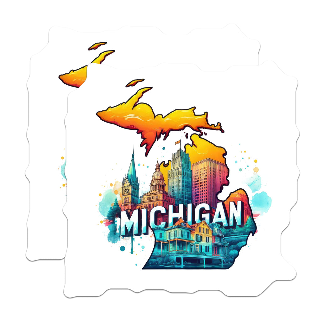 (2 Pack) Michigan Map Stickers - Colorful Cityscape Art Stickers - Great Lakes State Decal - 5" On Longest Side - Sticks to Smooth Flat Surfaces - Made in USA - BMCS5169