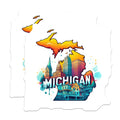 (2 Pack) Michigan Map Stickers - Colorful Cityscape Art Stickers - Great Lakes State Decal - 5" On Longest Side - Sticks to Smooth Flat Surfaces - Made in USA - BMCS5169