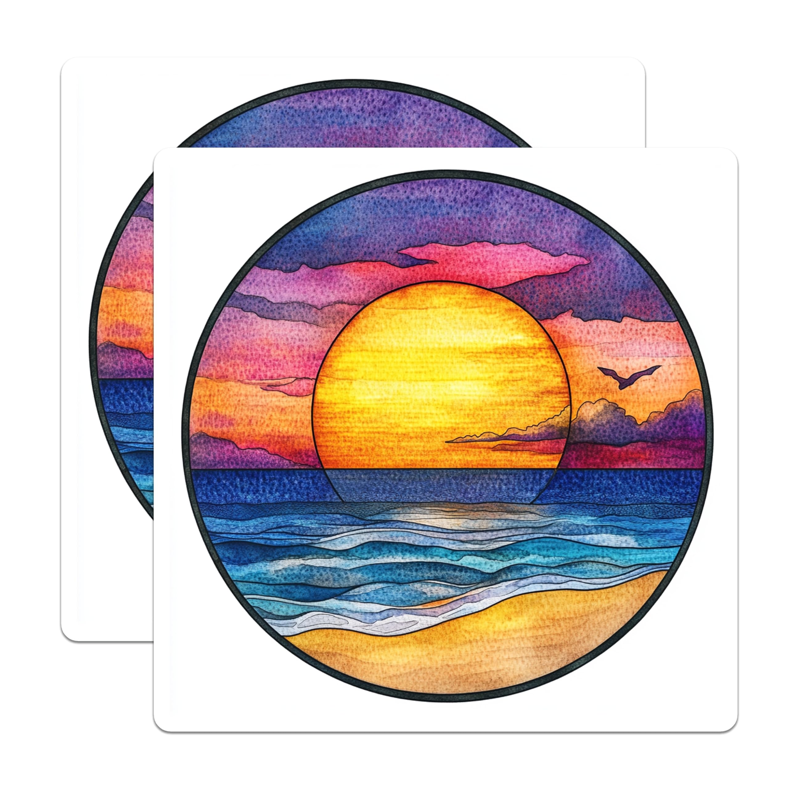 (2 Pack) Vibrant Sunset Beach Magnets - Watercolor Ocean Waves Art - Peaceful Coastal Decor - 5 Inches On Longest Side - Thick Durable Magnet - Made in USA - MAG24276