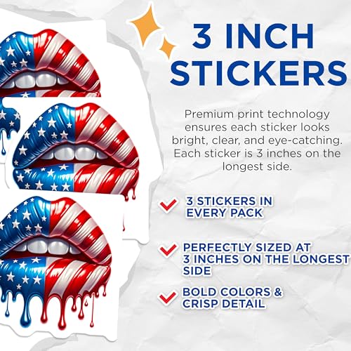 (3 Pack) Patriotic Lips Decals - American Flag Art - USA Lips Decal - 3 Inches On Longest Side - Easy Peel & Apply - Made in USA - 3MCS8587