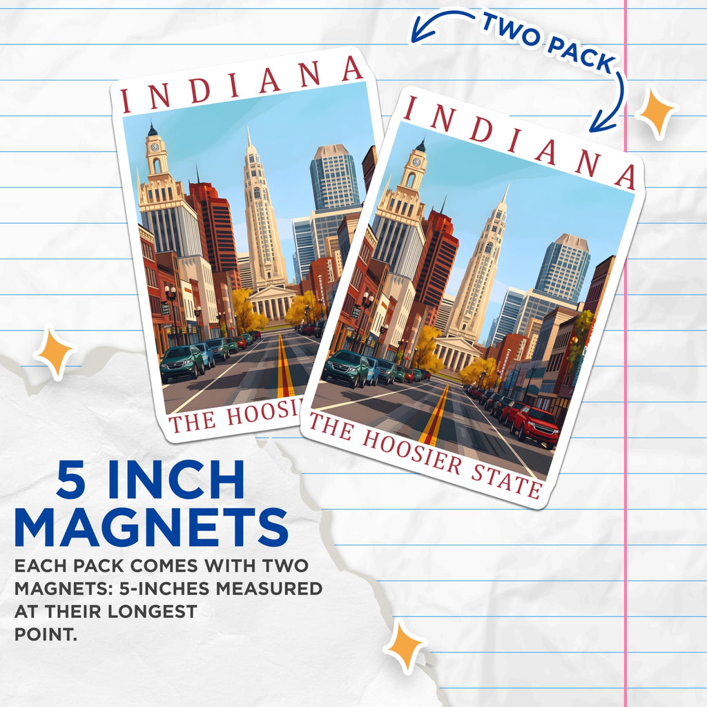 (2 Pack) Indiana Magnets - The Hoosier State - Cityscape Art Magnets - 5" On Longest Side - Premium Magnet - for Cars, Refrigerators, Toolboxes, Lockers - Made in USA - MAG18968