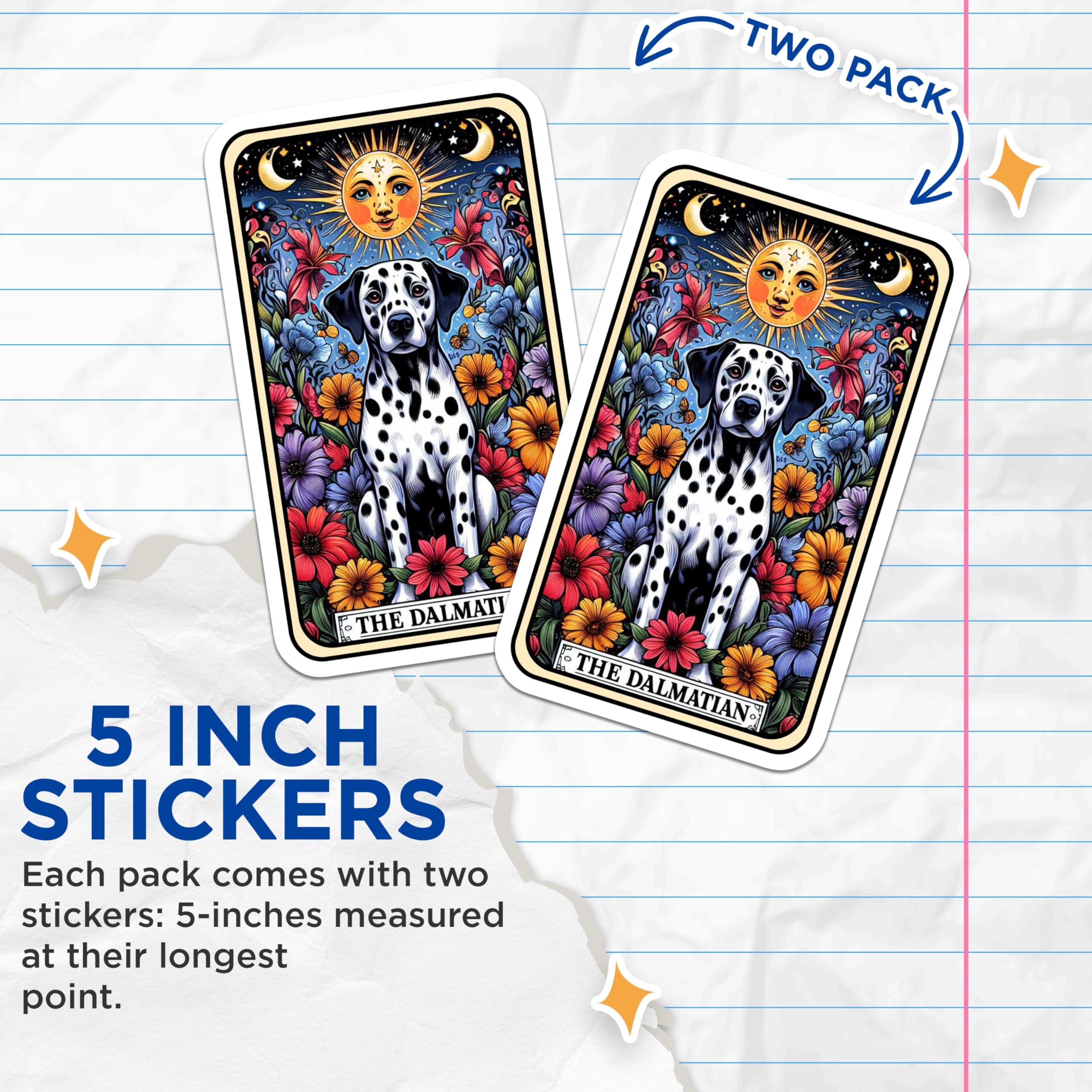(2 Pack) Dalmatian Dog Stickers - Floral Dog Stickers - Colorful Art Stickers for Laptops and Water Bottles - 5" On Longest Side - Sticks to Smooth Flat Surfaces - Made in USA - BMCS4821