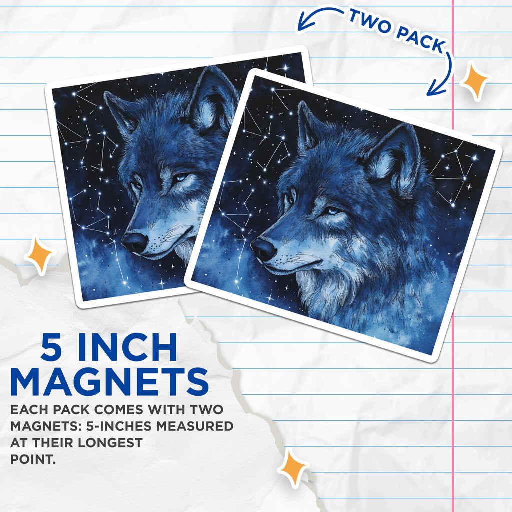 (2 Pack) Cosmic Wolf Magnets - Blue Starry Night Animal Decor - Mystical Wildlife Art Accents - 5 Inches On Longest Side - Thick Durable Magnet - Made in USA - MAG39537