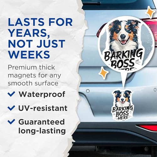 (2 Pack) Barking Boss Here Magnets - Funny Dog Lover - Pet Owner Humor - Dog Breed Magnet - 5" On Longest Side - for Cars, Fridges, Toolboxes - Made in USA - MAG3925