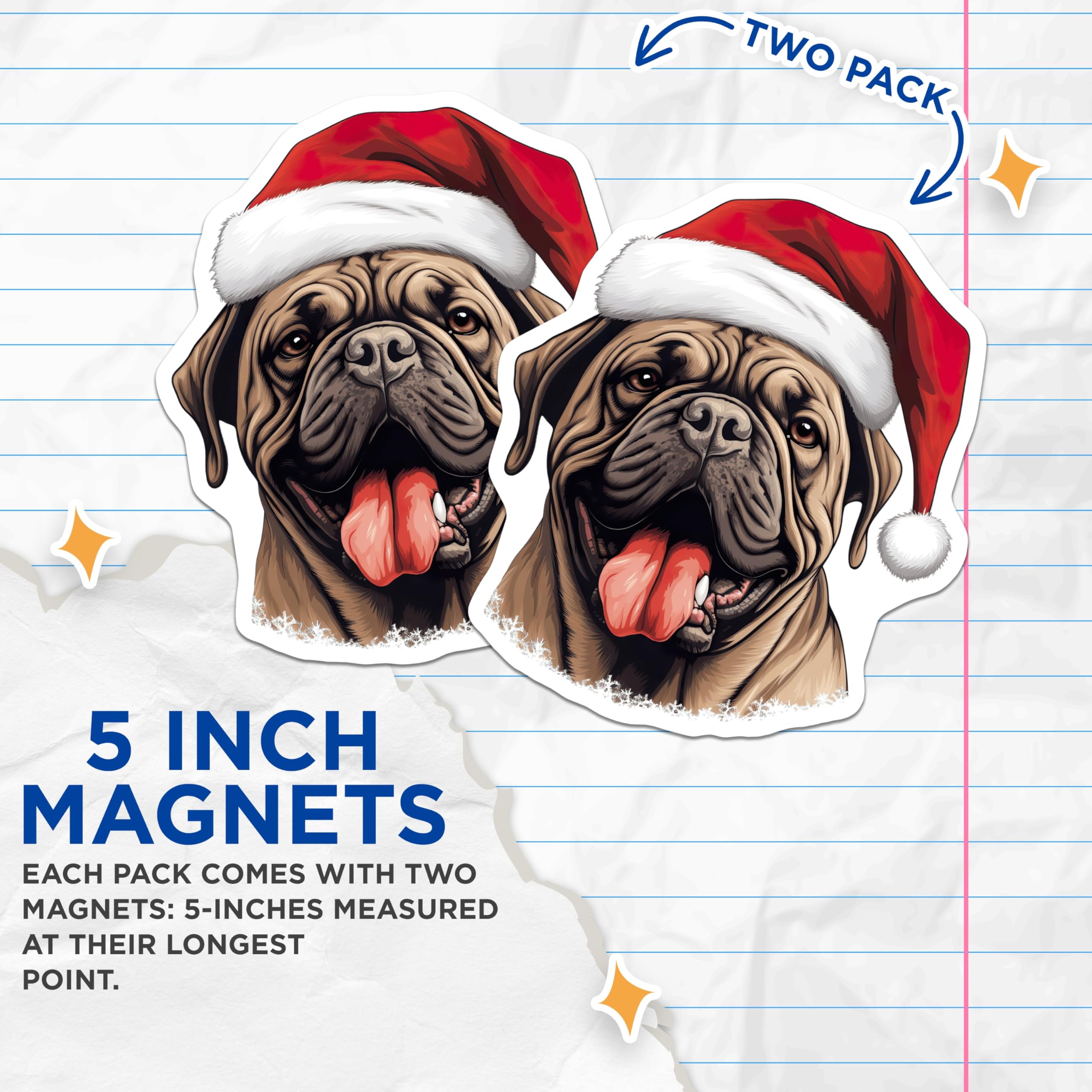 (2 Pack) Christmas Mastiff Magnets - Santa Hat Dog Holiday Decor - Festive Refrigerator Magnets - 5 Inches On Longest Side - Thick Durable Magnet - Made in USA - MAG24477
