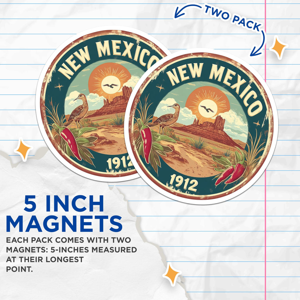 (2 Pack) New Mexico Magnets - Roadrunner and Chili - Southwest Souvenir Fridge Magnets - 5" On Longest Side - Premium Magnet - for Cars, Refrigerators, Toolboxes, Lockers - Made in USA - MAG14797