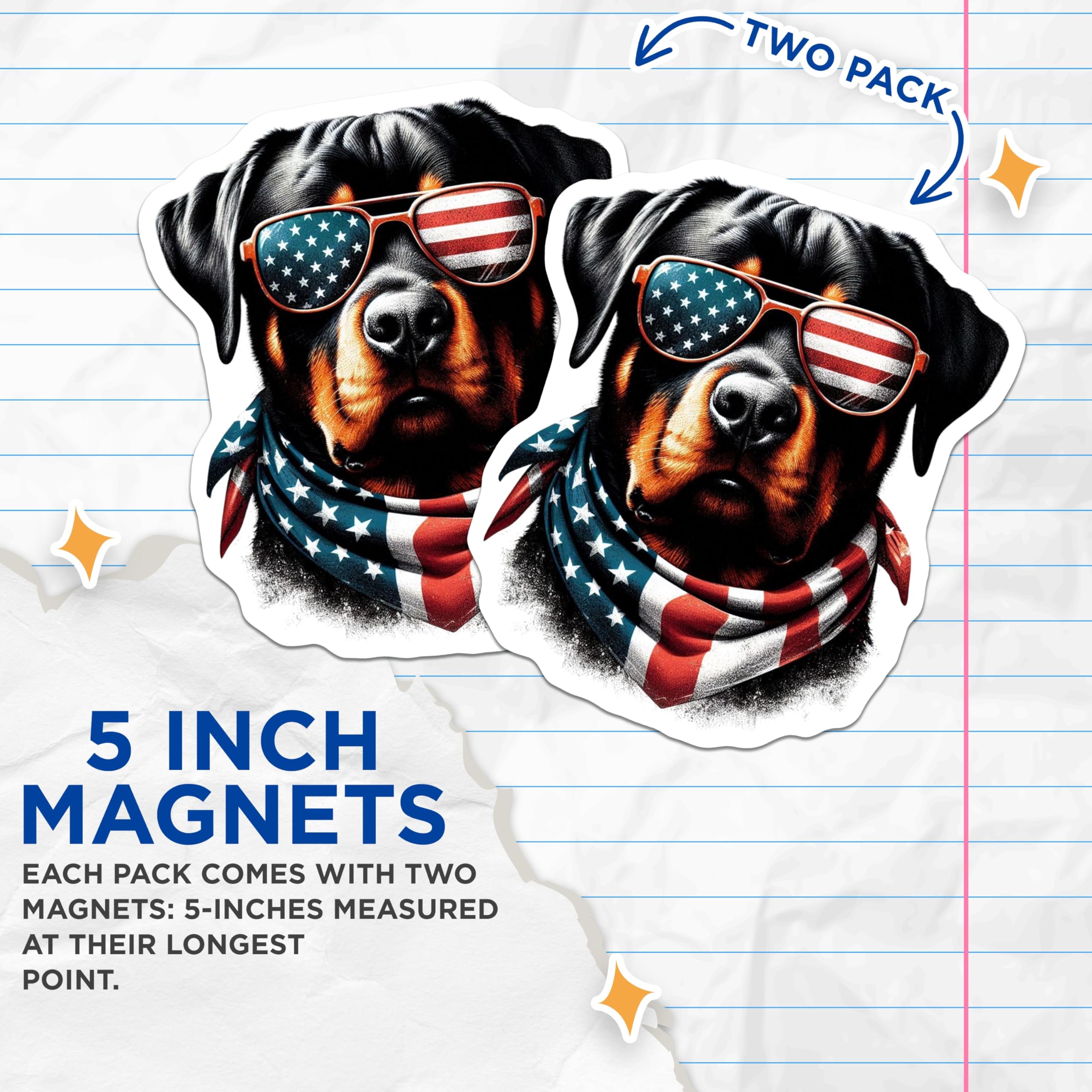 (2 Pack) Rottweiler Dog Magnets - Patriotic Pup - American Flag Decor - 5" On Longest Side - Premium Magnet - for Cars, Refrigerators, Toolboxes, Lockers - Made in USA - MAG14123