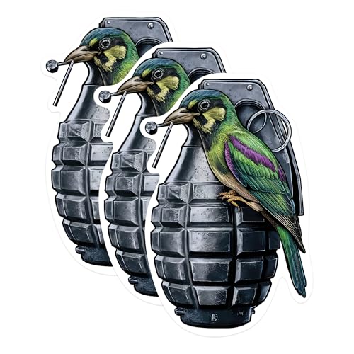 (3 Pack) Bird on Grenade Decals - Colorful Bird Art - Unique Laptop Decals - 3 Inches On Longest Side - Easy Peel & Apply - Made in USA - 3MCS0963