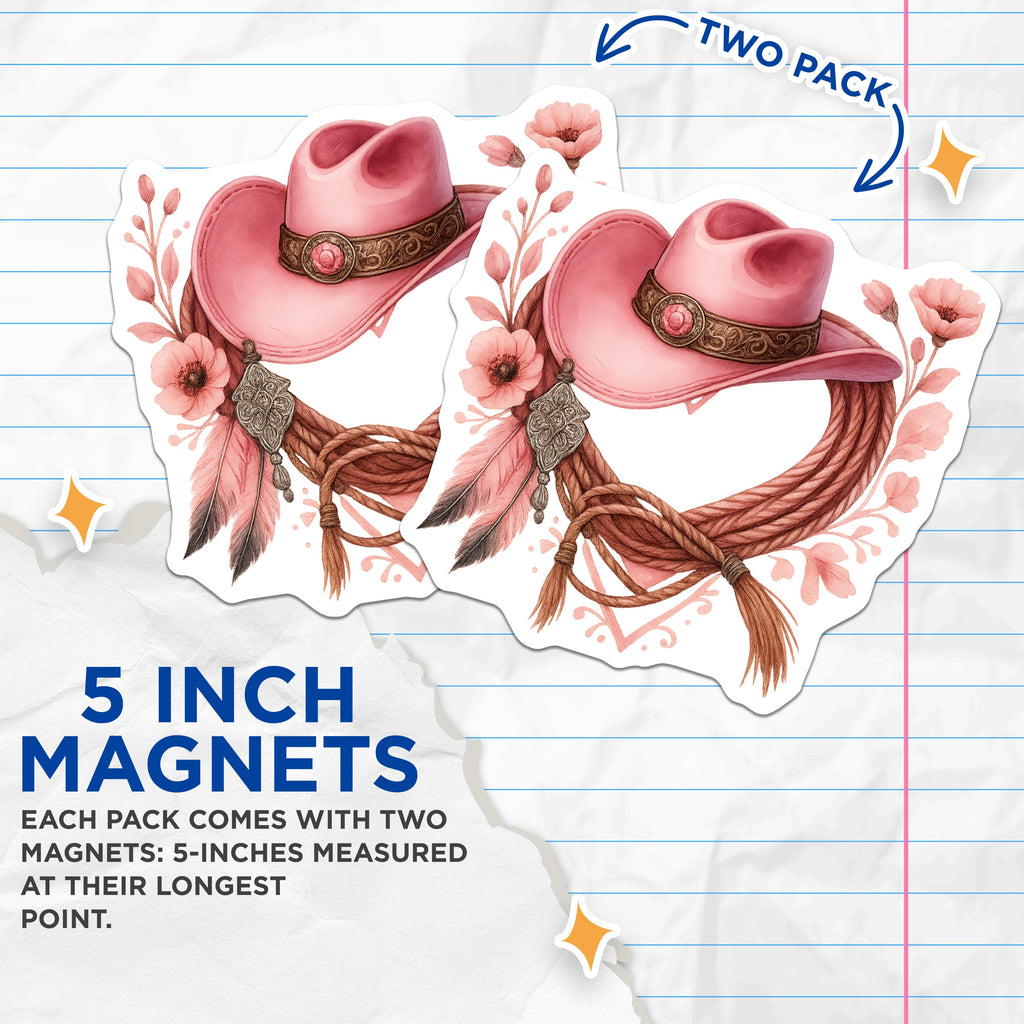 (2 Pack) Pink Cowgirl Hat Magnets - Western Decor - Boho Aesthetic - Country Living - Rodeo Style - Farmhouse Kitchen Accents - 5 Inches On Longest Side - Thick Durable Magnet - Made in USA - MAG38105