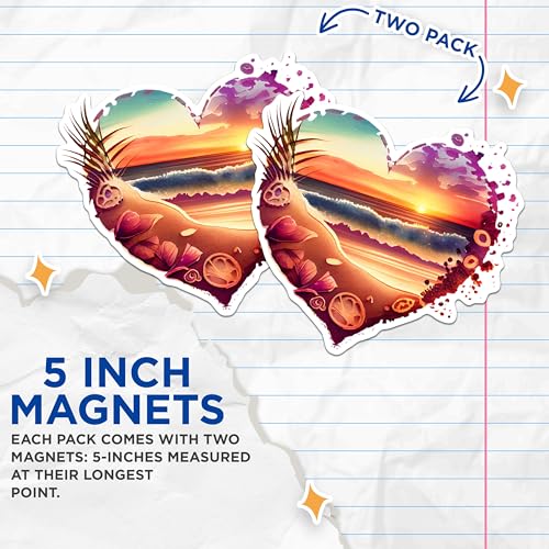 (2 Pack) Heart Beach Sunset Magnets - Coastal Beach Scene Magnets - Romantic Beach Decor Magnets- 5" On Longest Side - for Fridges, Toolboxes, Cars - Made in USA - MAG2857