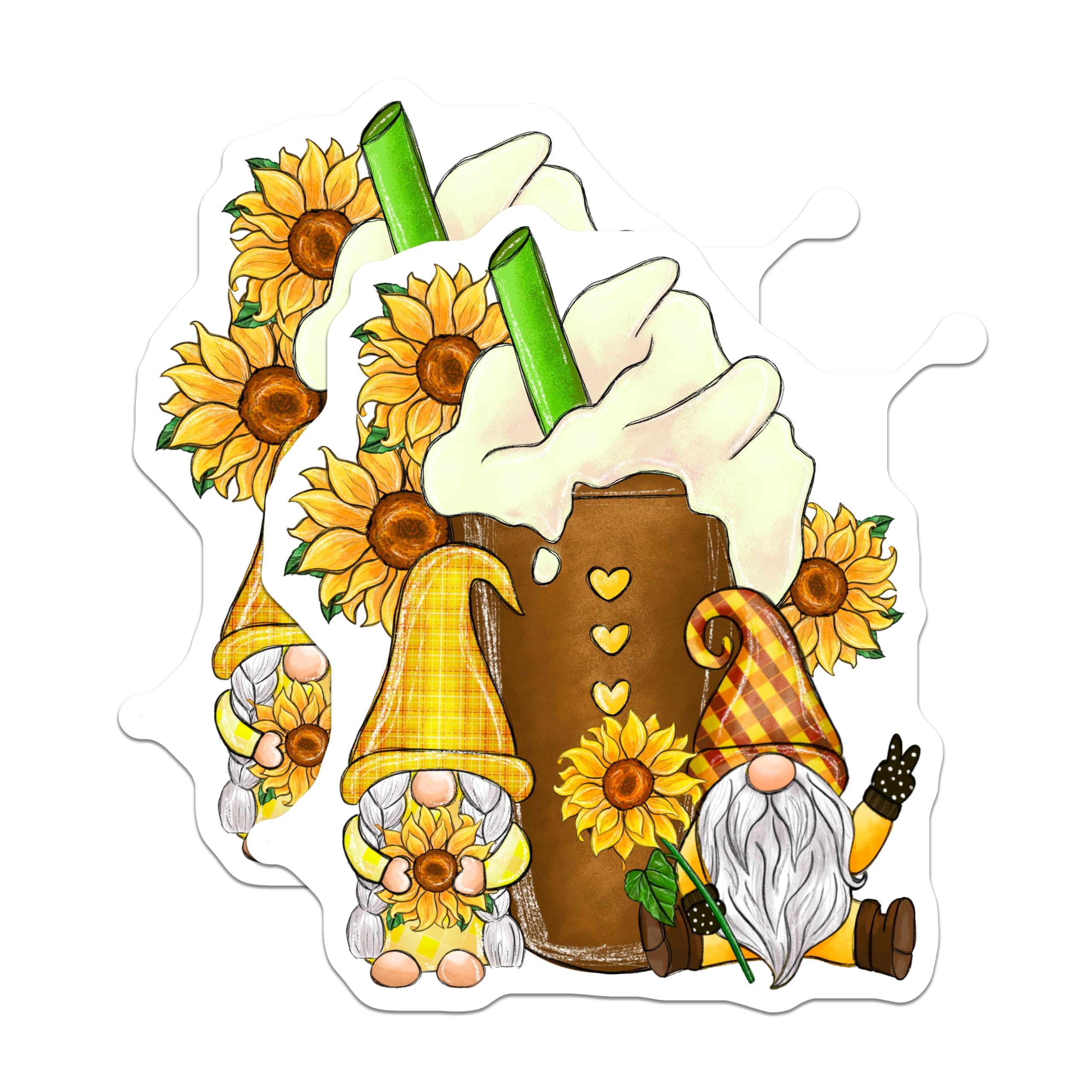 (2 Pack) Sunflower Gnomes Magnets - Autumn Latte - Cute Gnome Decals - 5" On Longest Side - Premium Magnet - for Cars, Refrigerators, Toolboxes, Lockers - Made in USA - MAG15121