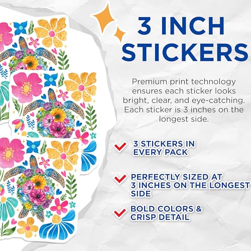 (3 Pack) Floral Sea Turtle Decals - Boho Flower Laptop Sticker - Decorative Animal Decal - 3 Inches On Longest Side - Easy Peel & Apply - Made in USA - 3MCS8642