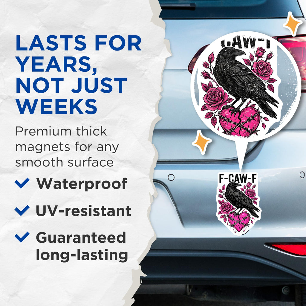 (2 Pack) Raven Magnets - F-CAW-F Rose Art - Crow Broken Heart Kitchen Decor - 5" On Longest Side - Premium Magnet - for Cars, Refrigerators, Toolboxes, Lockers - Made in USA - MAG15206