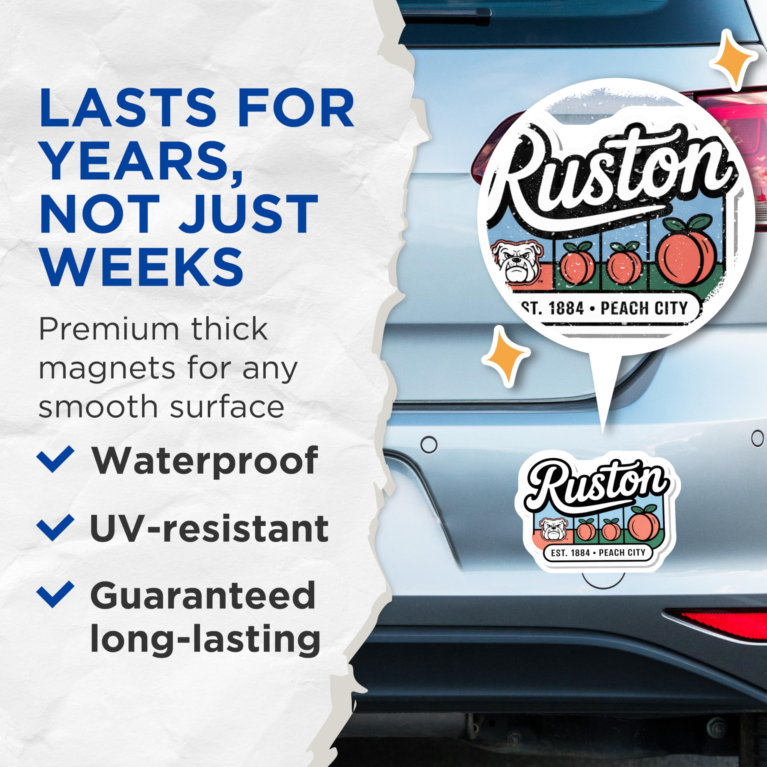 (2 Pack) Ruston Magnets - Peach City - Bulldog Mascot Refrigerator Magnets - 5" On Longest Side - Premium Magnet - for Cars, Refrigerators, Toolboxes, Lockers - Made in USA - MAG17334