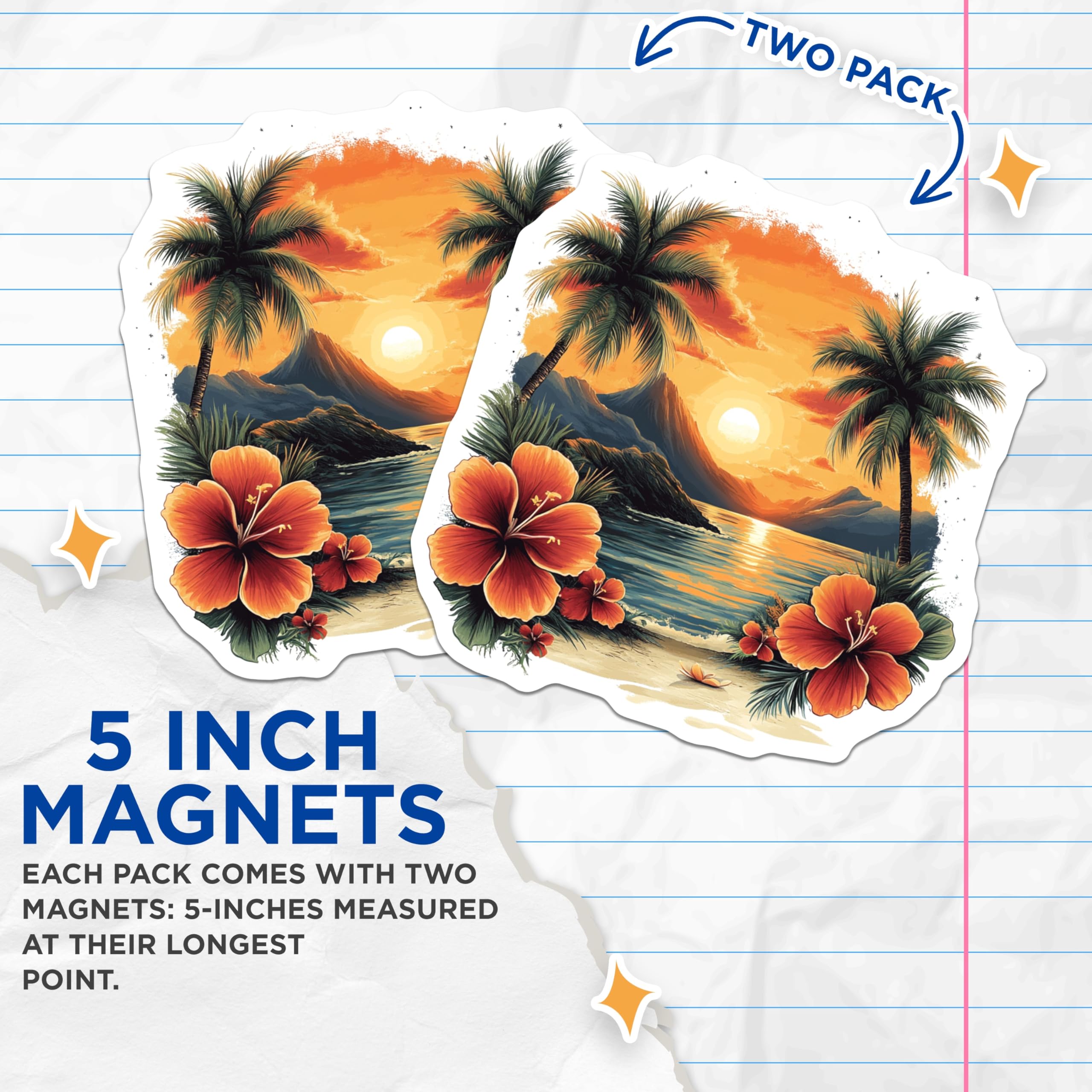 (2 Pack) Tropical Sunset Magnets - Hawaii Beach Scene - Island Vibe Decor - Aloha Souvenir Collectible - 5 Inches On Longest Side - Thick Durable Magnet - Made in USA - MAG25836