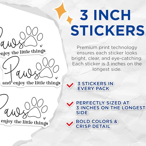 (3 Pack) Paws Enjoy Little Things Decals - Dog Paw Prints - Laptop Decals - 3 Inches On Longest Side - Easy Peel & Apply - Made in USA - 3MCS1892