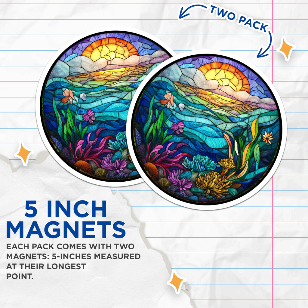 (2 Pack) Ocean Stained Glass Magnets - Sunset Seascape Art - Vibrant Nature Decor - Aquatic Scene Fridge Magnets - 5 Inches On Longest Side - Thick Durable Magnet - Made in USA - MAG27566