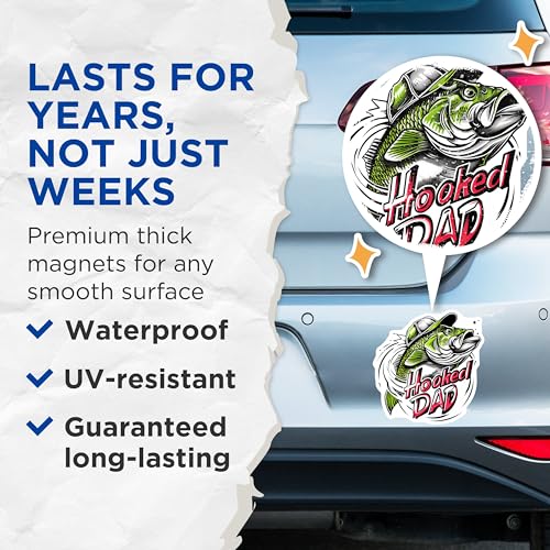 (2 Pack) Hooked Dad Fishing Magnets - Funny Fishing Dad Magnets - Father's Day Fishing Gift Magnets - 5" On Longest Side - for Cars, Refrigerators, Toolboxes, Lockers - Made in USA BMCS3490