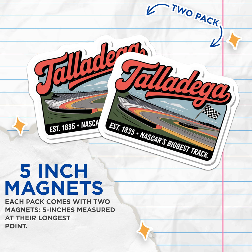 (2 Pack) Talladega Magnets - NASCAR Racing Magnets - Race Car Decor - 5" On Longest Side - Premium Magnet - for Cars, Refrigerators, Toolboxes, Lockers - Made in USA - MAG17751
