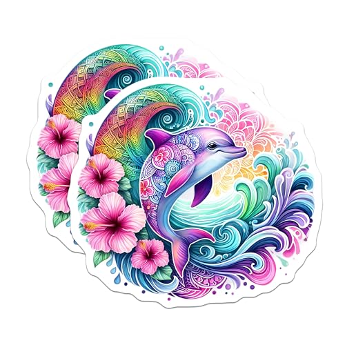 (2 Pack) Dolphin Stickers - Colorful Ocean Animal - Floral Art Design - 5" On Longest Side - Sticks to Smooth Flat Surfaces - Made in USA - BMCS9479