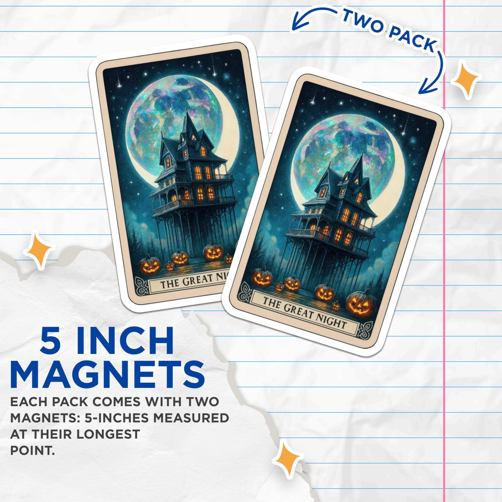 (2 Pack) Spooky Haunted House Magnets - Gothic Halloween Decor - Eerie Jack-O-Lanterns Mystical Moon Night Art Scene - 5 Inches On Longest Side - Thick Durable Magnet - Made in USA - MAG20813