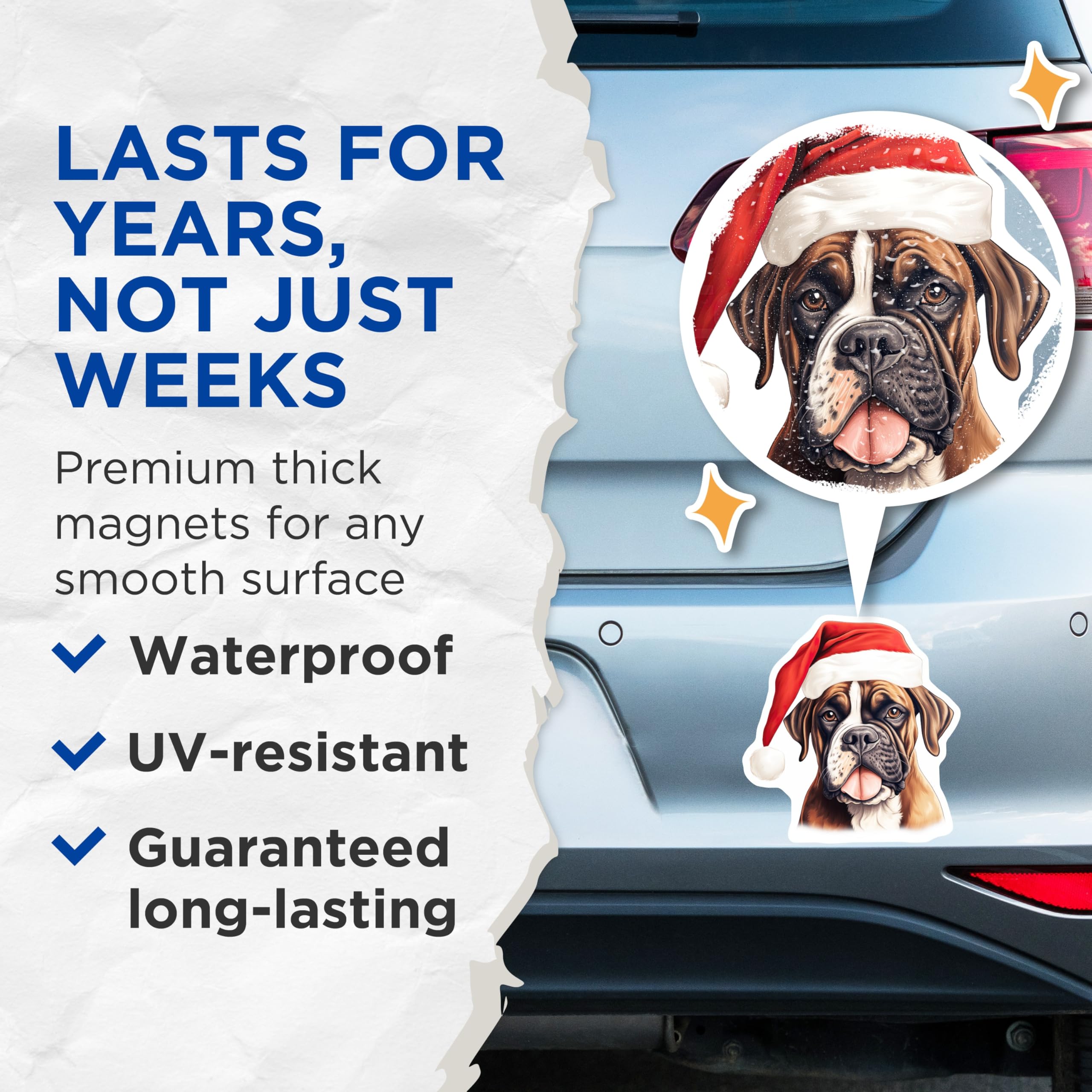 (2 Pack) Christmas Boxer Dog Magnets - Santa Hat Canine Pet Decor - Festive Holiday Animal Lover Home Accent - 5 Inches On Longest Side - Thick Durable Magnet - Made in USA - MAG23652