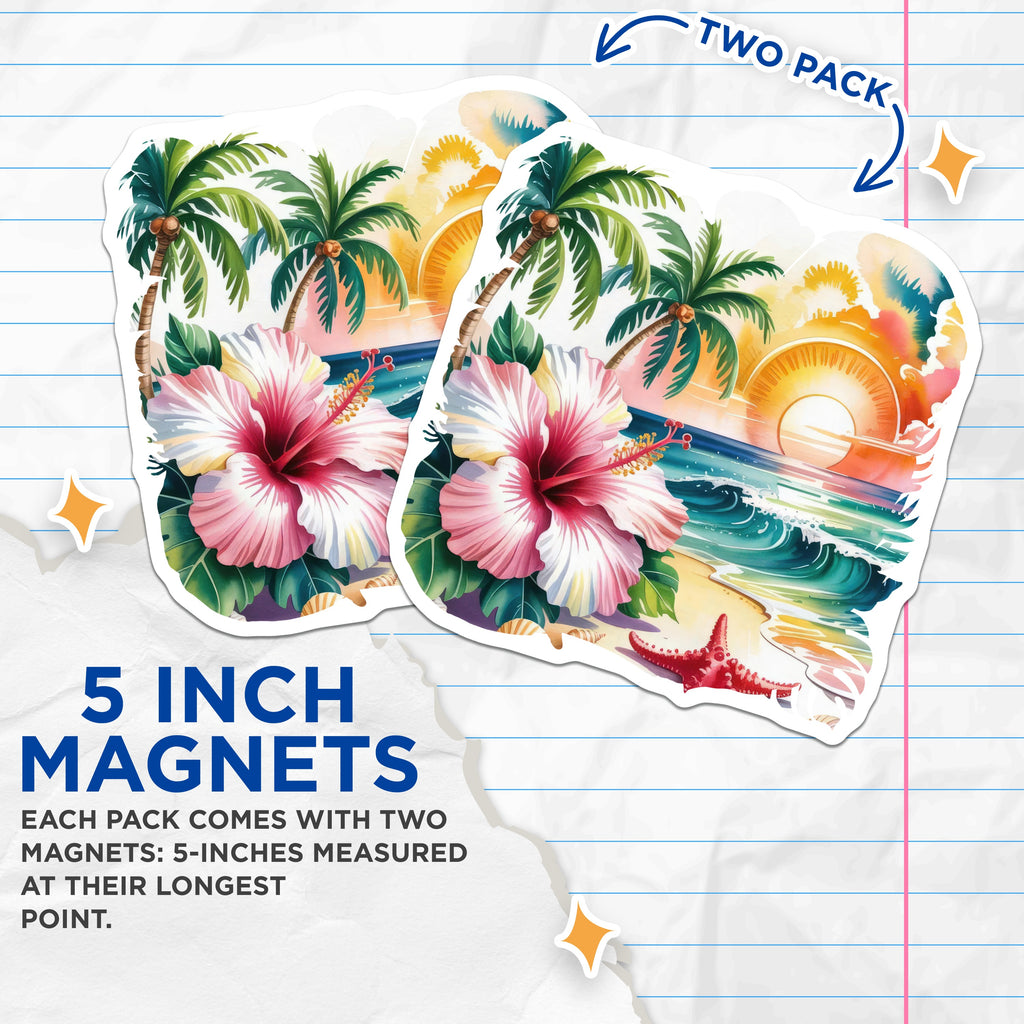 (2 Pack) Tropical Beach Scene Magnets - Vibrant Hawaii Ocean Sunset Art - Coastal Hibiscus Palm Tree Decor - 5 Inches On Longest Side - Thick Durable Magnet - Made in USA - MAG39518