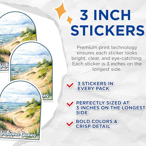 (3 Pack) Indiana Dunes Decals - Indiana Beach Sticker - Laptop Decal - Travel Decal - 3 Inches On Longest Side - Easy Peel & Apply - Made in USA - 3MCS0451