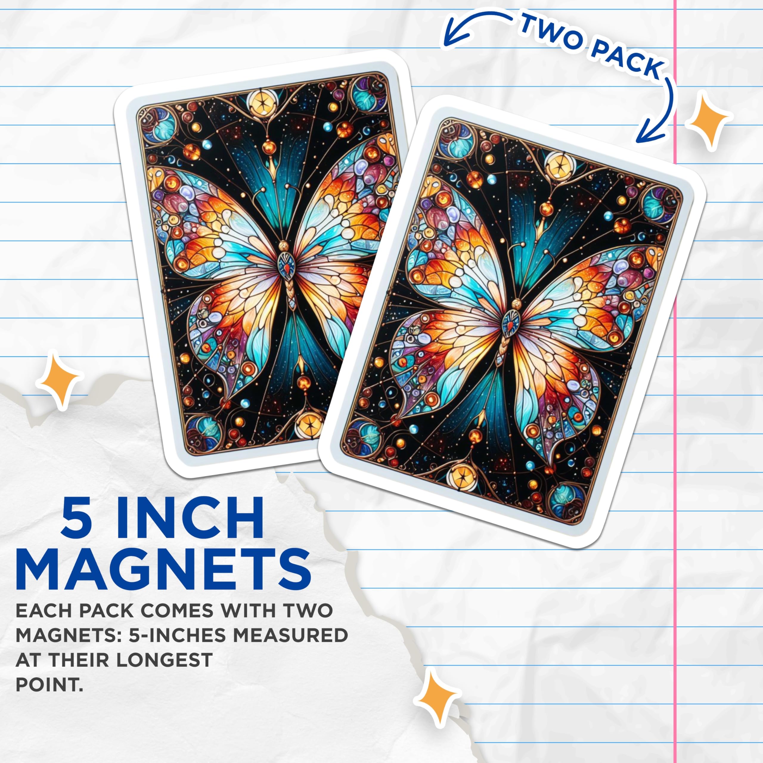 (2 Pack) Stained Glass Butterfly Magnets - Vibrant Cosmic Insect Art - Colorful Fridge Locker Decor - 5 Inches On Longest Side - Thick Durable Magnet - Made in USA - MAG20306