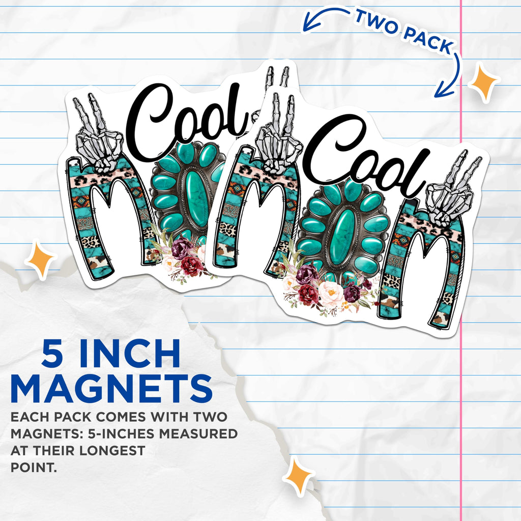 (2 Pack) Cool Mom Magnets - Western Boho Decor - Turquoise Concho Leopard Cow Print Skeleton Hands - 5 Inches On Longest Side - Thick Durable Magnet - Made in USA - MAG23636